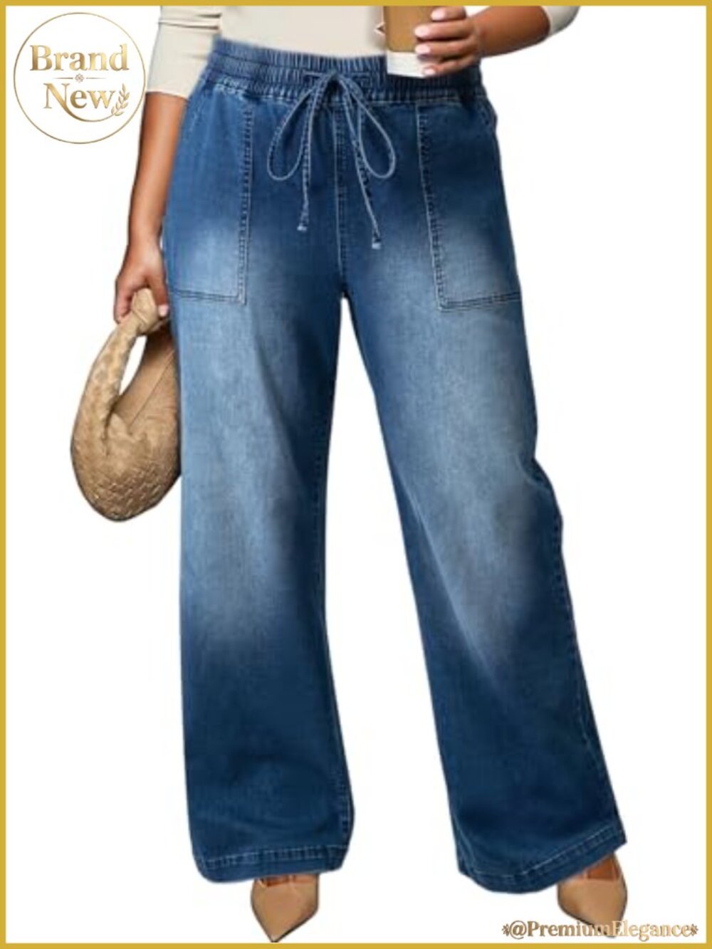 Plus Size High Waisted Wide Leg Jeans Stretchy Drawstring Denim Pants
